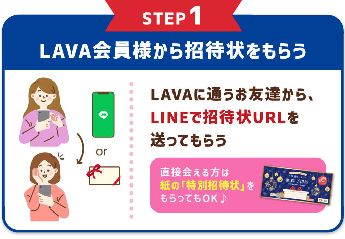 STEP1 LAVA会員様から招待状をもらう LAVAに通うお友達から、LINEで招待状URLを送ってもらう。直接会える方は紙の「特別招待状」をもらってもOK♪