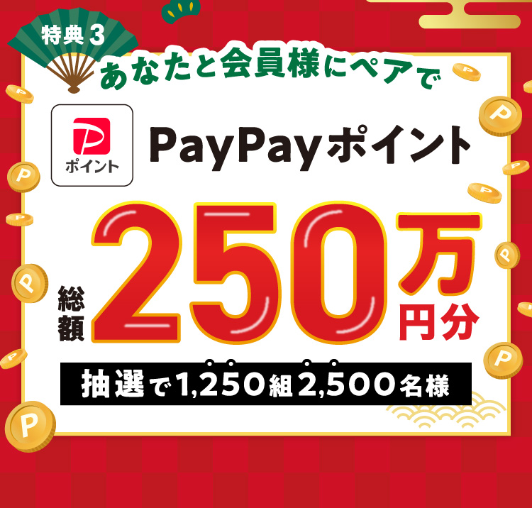 特典3 あなたと会員様にペアでPayPayポイント総額250万円分 抽選で1,250組 2,500名様