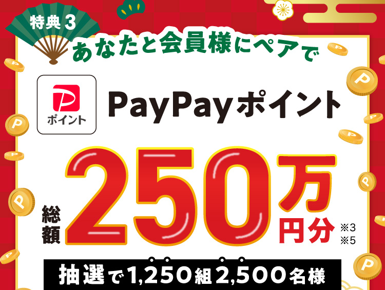 特典3 あなたと会員様にペアでPayPayポイント 総額 250万円分 ※3 ※5 抽選で1,250組2,500名様