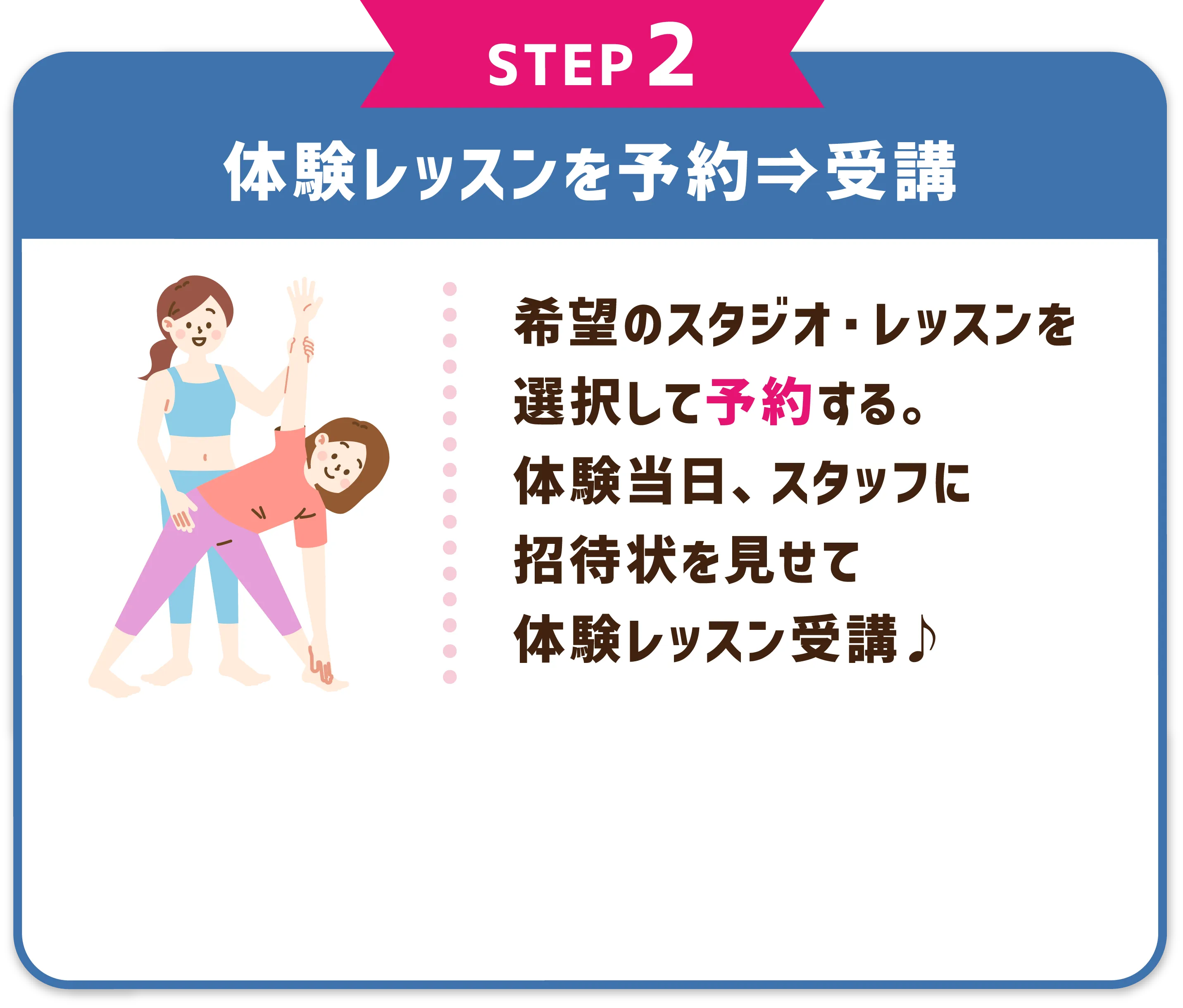 STEP2 体験レッスンを予約⇒受講　希望のスタジオ・レッスンを選択して予約する。体験当日、スタッフに招待状を見せて体験レッスン受講♪