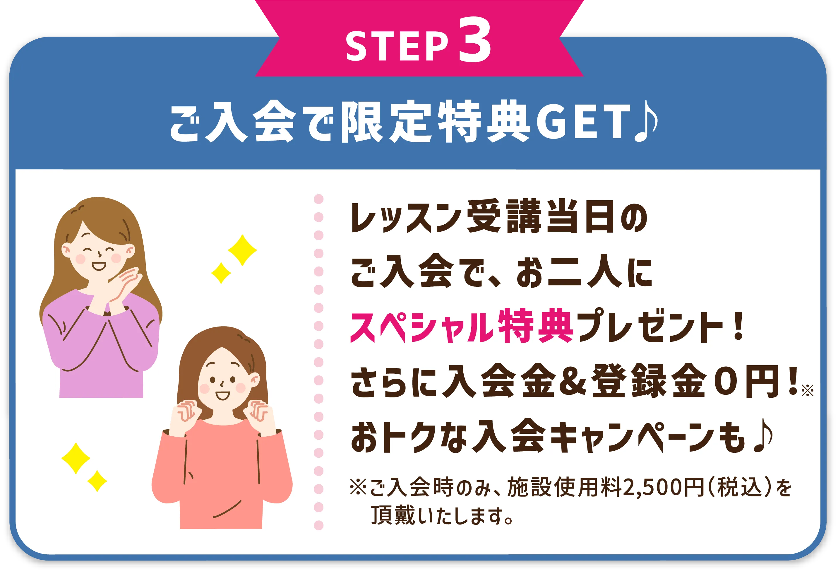 STEP3 ご入会で限定特典GET♪ レッスン受講当日のご入会で、お二人にスペシャル特典プレゼント！さらに入会金&登録金０円！※ おトクな入会キャンペーンも♪ ※ご入会時のみ、施設使用料2,500円（税込）を頂戴いたします。