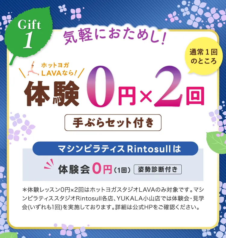 Gift1 気軽におためし！体験0円×2回 ホットヨガスタジオLAVA 体験レッスン0円×2（手ぶらセット付き） マシンピラティススタジオRintosullは 体験会0円(1回)（姿勢診断付き）