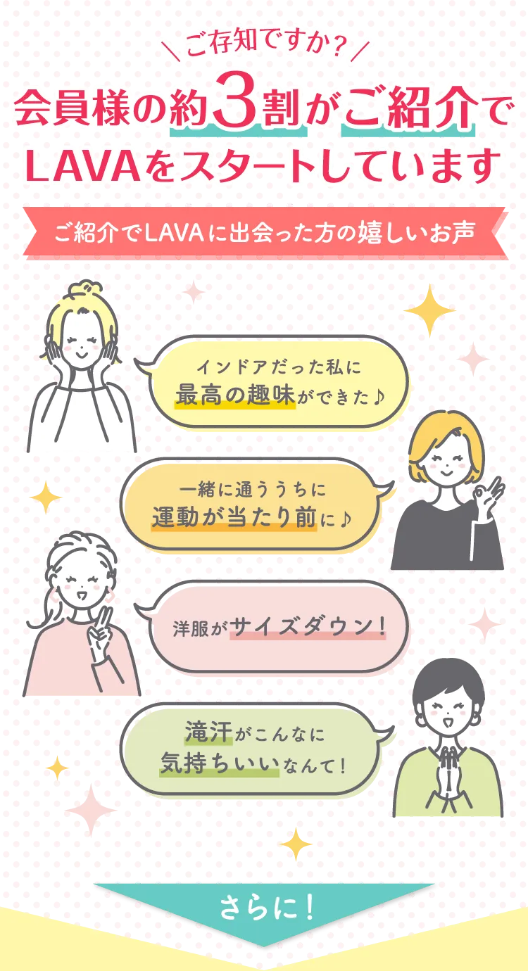 ご存知ですか？ 会員様の約3割がご紹介でLAVAをスタートしています ご紹介でLAVAに出会った方の嬉しいお声 インドアだった私に最高の趣味ができた♪ 一緒に通ううちに運動が当たり前に♪ 洋服がサイズダウン! 滝汗がこんなに気持ちいいなんて！