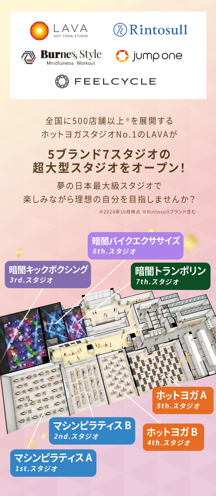 全国に500店舗以上※を展開するホットヨガスタジオNo.1のLAVAが 5ブランド7スタジオの超大型スタジオをオープン！ 夢の日本最大級スタジオで楽しみながら理想の自分を目指しませんか? ※2024年10月時点 ※Rintosullブランド含む 1st.スタジオ：マシンピラティス A 2nd.スタジオ：マシンピラティス B 3rd.スタジオ：暗闇キックボクシング 4th.スタジオ：ホットヨガ B 5th.スタジオ：ホットヨガ A 6th.スタジオ：暗闇バイクエクササイズ 7th.スタジオ：暗闇トランポリン