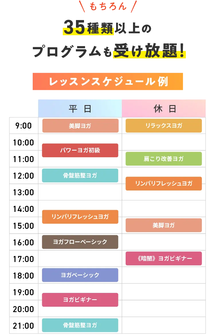もちろん 35種類以上のプログラムも受け放題! レッスンスケジュール例 【平日】9:00 美脚ヨガ 10:30 パワーヨガ初級 12:00 骨盤筋整ヨガ 14:30 リンパリフレッシュヨガ 16:00 ヨガフローベーシック 18:00 ヨガベーシック 19:30 ヨガビギナー 21:00 骨盤筋整ヨガ 【休日】9:00 リラックスヨガ 11:00 肩こり改善ヨガ 12:30 リンパリフレッシュヨガ 15:00 美脚ヨガ 17:00 《暗闇》ヨガビギナー