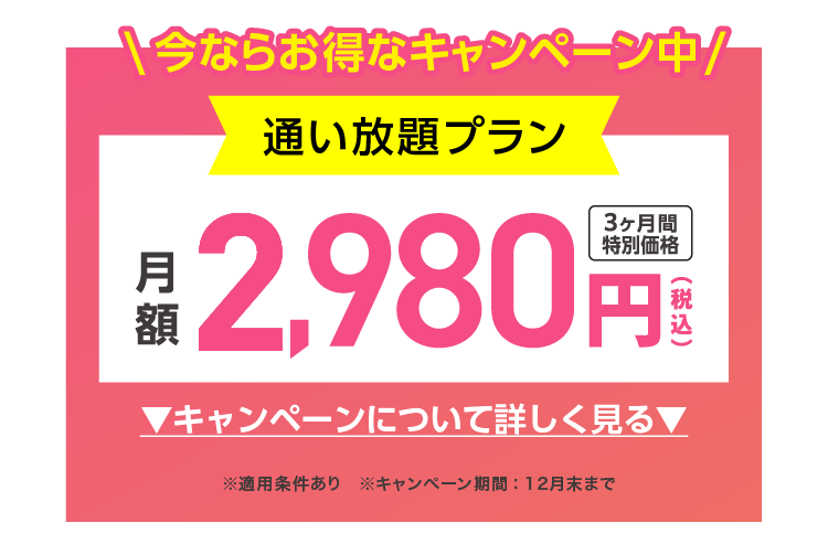 今ならお得なキャンペーン中 月額1,980円(税込) 3ヶ月間特別価格 ※キャンペーン期間：12月末まで