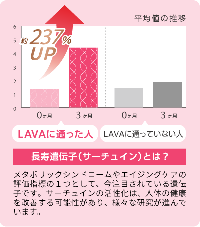 平均値の推移 LAVAに通った人 3ヶ月で約237%UP 長寿遺伝子（サーチュイン）とは？メタボリックシンドロームやエイジングケアの評価指標の１つとして、今注目されている遺伝子です。サーチュインの活性化は、人体の健康を改善する可能性があり、様々な研究が進んでいます。