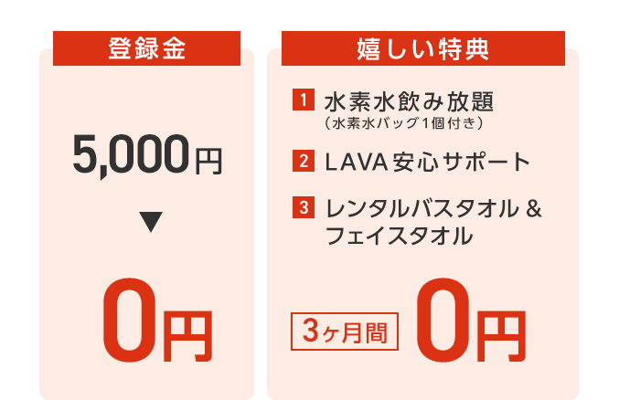 【登録金5,000円→0円】【嬉しい特典 1.水素水飲み放題（水素水バッグ１個付き） 2.LAVA安心サポート 3.レンタルバスタオル＆フェイスタオル→3ヶ月間0円】