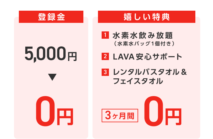 【登録金5,000円→0円】【嬉しい特典 1.水素水飲み放題（水素水バッグ１個付き） 2.LAVA安心サポート 3.レンタルバスタオル＆フェイスタオル→3ヶ月間0円】