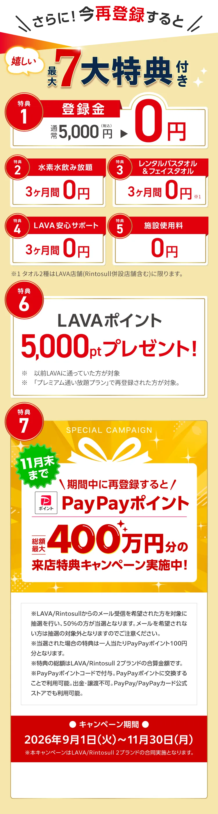 さらに！今再登録すると 嬉しい最大7大特典付き　1.登録金：通常5,000円→0円 2.水素水飲み放題：3ヶ月間0円 3.レンタルバスタオル&フェイスタオル：３ヶ月間0円 4.LAVA安心サポート：３ヶ月間0円 5.施設使用料：0円 6.LAVAポイント5,000ptプレゼント！ 7.抽選でPayPayポイント総額最大400万円分の特典キャンペーン実施中！