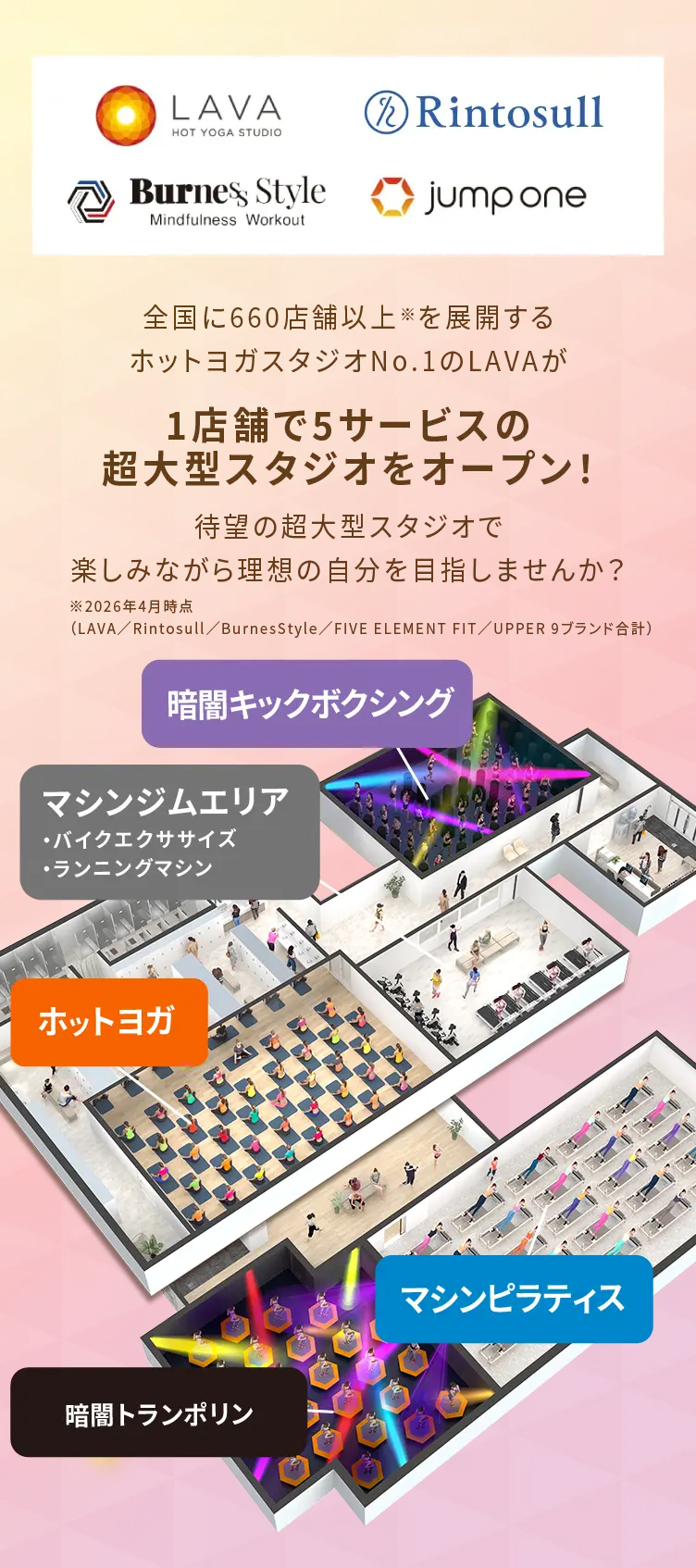 全国に660店舗以上※を展開するホットヨガスタジオNo.1のLAVAが 1店舗で5スタジオの超大型スタジオをオープン！ 待望の超大型スタジオで楽しみながら理想の自分を目指しませんか? ※2026年4月時点（LAVA／Rintosull／BurnesStyle／FIVE ELEMENT FIT／UPPER 9ブランド合計） 