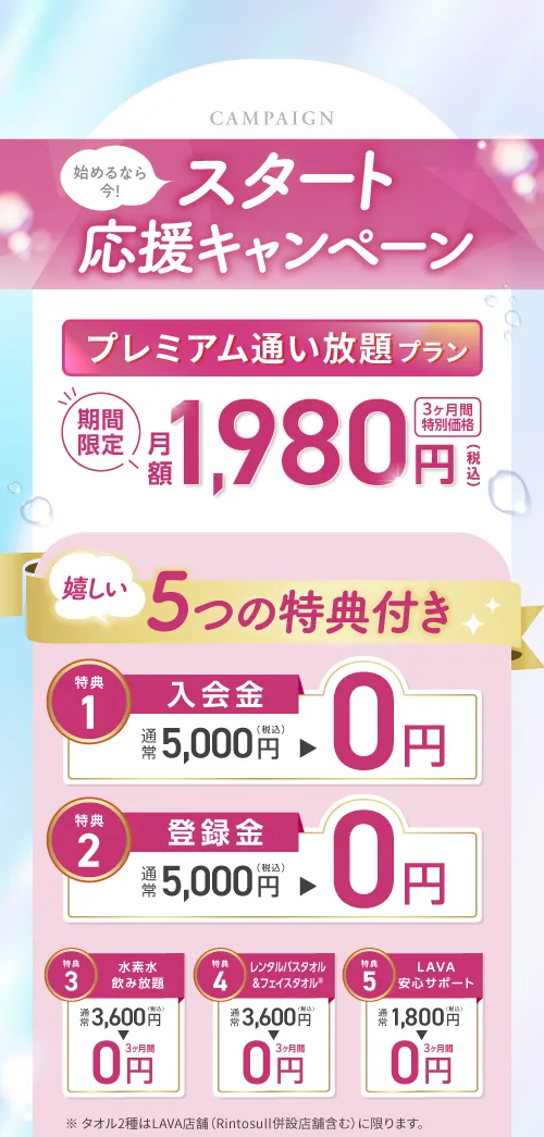 スタート応援キャンペーン 5つの特典付き プレミアム通い放題プラン 3ヶ月間特別価格1,980円(税込)