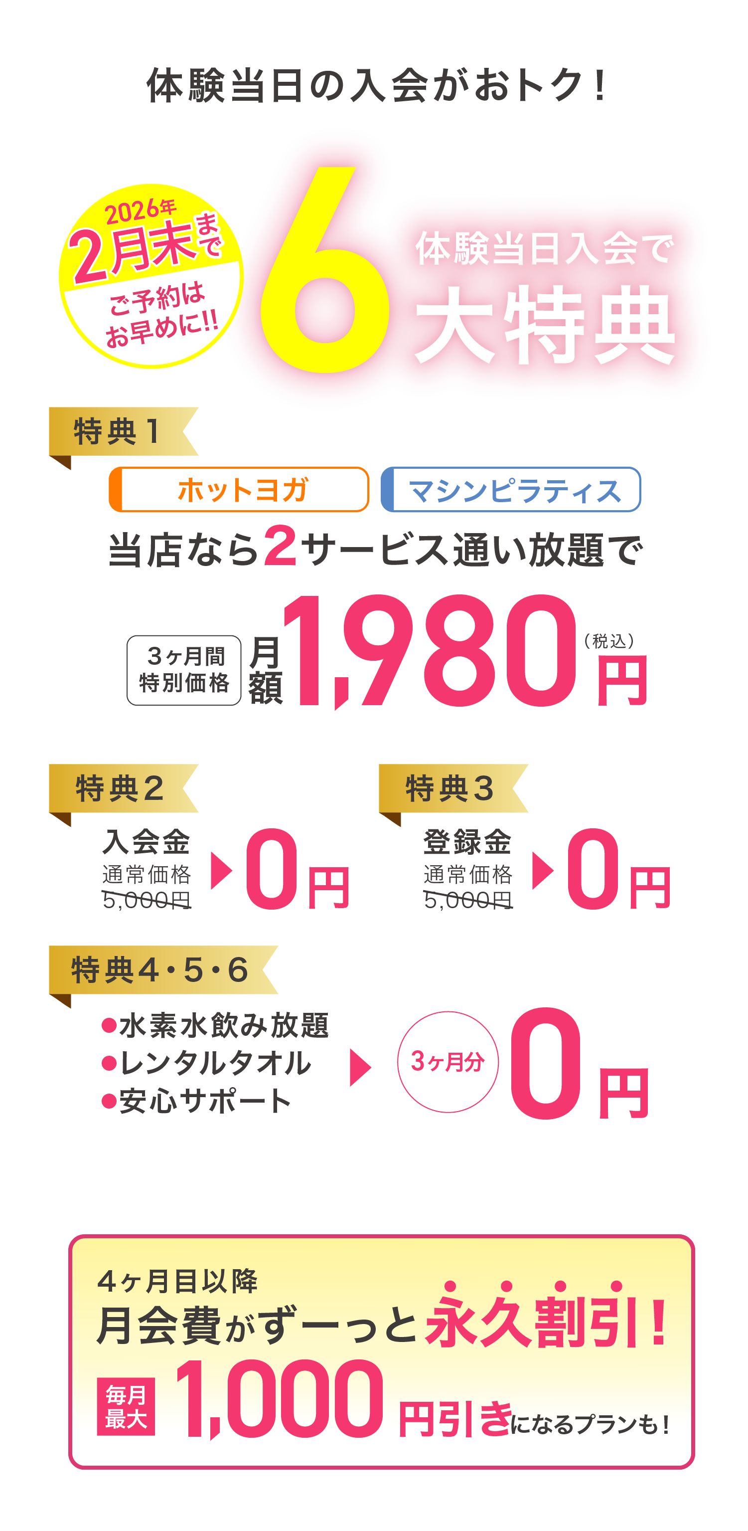 体験当日の入会がおトク! 2月末まで ご予約はお早めに 体験当日入会で最大6大特典 特典1：ホットヨガ マシンピラティス 当店なら2サービス通い放題で 3ヶ月間特別価格 月額1,980円（税込） 特典2：入会金 通常価格5,000円→0円 特典3：登録金 通常価格5,000円→0円 特典4・5・6：・水素水飲み放題 ・レンタルタオル ・安心サポート →3ヶ月分0円  4ヶ月目以降月会費がずーっと永久割引! 毎月最大1,000円引きになるプランも! 