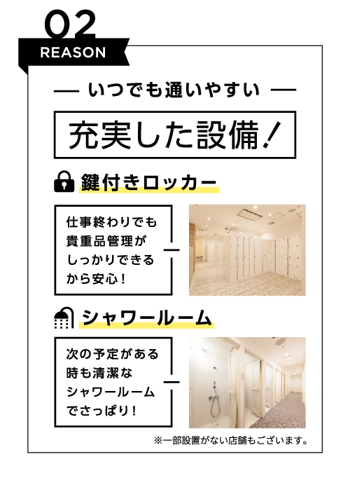 REASON02 いつでも通いやすい 充実した設備! ・鍵付きロッカー 仕事終わりでも貴重品管理がしっかりできるから安心! ・シャワールーム 次の予定がある時も清潔なシャワールームでさっぱり! ※一部設置がない店舗もございます。