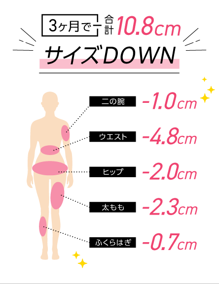 3ヶ月で合計10.8cmサイズDOWN 二の腕-1.0cm ウエスト-4.8cm ヒップ-2.0cm 太もも-2.3cm ふくらはぎ-0.7cm