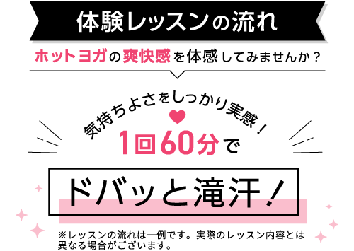 体験レッスンの流れ ホットヨガの爽快感を体感してみませんか?気持ちよさをしっかり実感!1回60分でドバッと滝汗!※レッスンの流れは一例です。実際のレッスン内容とは異なる場合がございます。