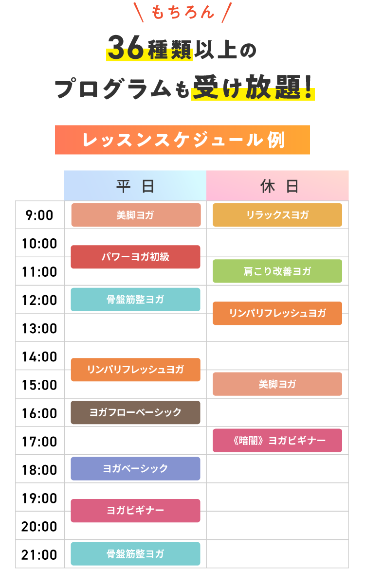 もちろん 36種類以上のプログラムも受け放題! レッスンスケジュール例 【平日】9:00 美脚ヨガ 10:30 パワーヨガ初級 12:00 骨盤筋整ヨガ 14:30 リンパリフレッシュヨガ 16:00 ヨガフローベーシック 18:00 ヨガベーシック 19:30 ヨガビギナー 21:00 骨盤筋整ヨガ 【休日】9:00 リラックスヨガ 11:00 肩こり改善ヨガ 12:30 リンパリフレッシュヨガ 15:00 美脚ヨガ 17:00 《暗闇》ヨガビギナー