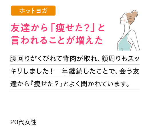 友達から「痩せた？」と言われることが増えた：腰回りがくびれて背肉が取れ、顔周りもスッキリしました！一年継続したことで、会う友達から『痩せた？』とよく聞かれています。(20代女性)