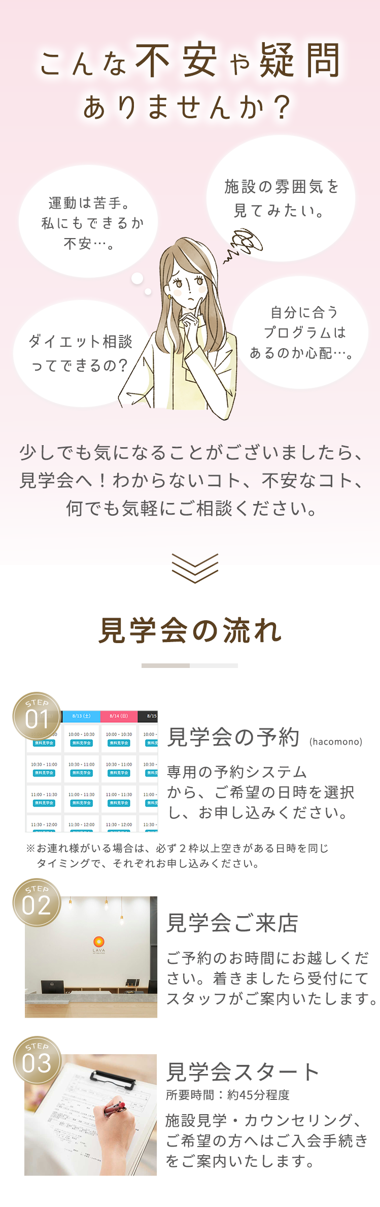 こんな不安や疑問ありませんか？ 施設の雰囲気を見てみたい。 運動は苦手。私にもできるか不安…。 ダイエット相談ってできるの？ 自分に合うプログラムはあるのか心配…。 少しでも気になることがございましたら、見学会へ! わからないコト、不安なコト、何でも気軽にご相談ください。 ＜見学会の流れ＞STEP01：見学会の予約 当社の予約システムから、ご希望の日時を選択し、お申し込みください。 ※お連れ様も一緒にご予約いただけます! STEP2：見学会ご来店 ご予約時間の30分前にお越しください。着きましたら受付にてスタッフがご案内します。 STEP3：見学会スタート所要時間：約４５分程度 施設見学・カウンセリング、ご希望の方へはご入会手続きをご案内いたします。