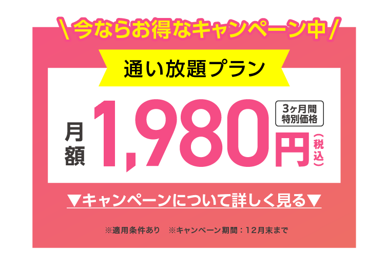 今ならお得なキャンペーン中 通い放題プラン 3ヶ月間特別価格 1,980円(税込)/月 キャンペーンについて詳しく見る ※適用条件あり ※キャンペーン期間：12月末まで