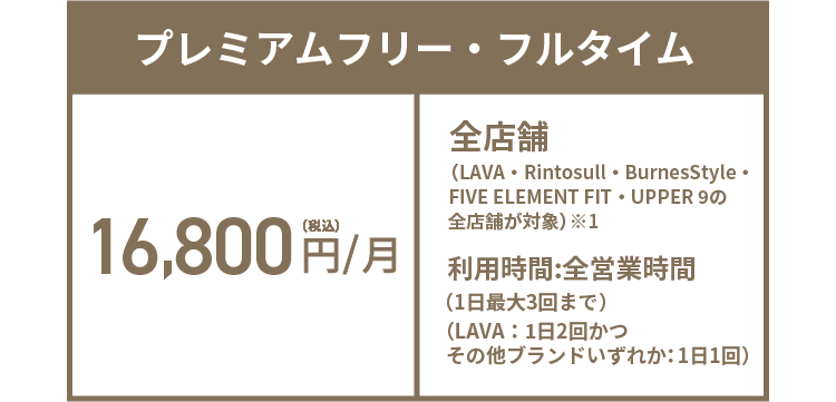 プレミアム・フリー・フルタイム 16,800円(税込)/月 全店舗（LAVA・Rintosull・BurnesStyle・FIVE ELEMENT FIT・UPPER 9の全店舗が対象）利用時間:全営業時間（LAVA：1日2回かつその他ブランドいずれか；1日1回）