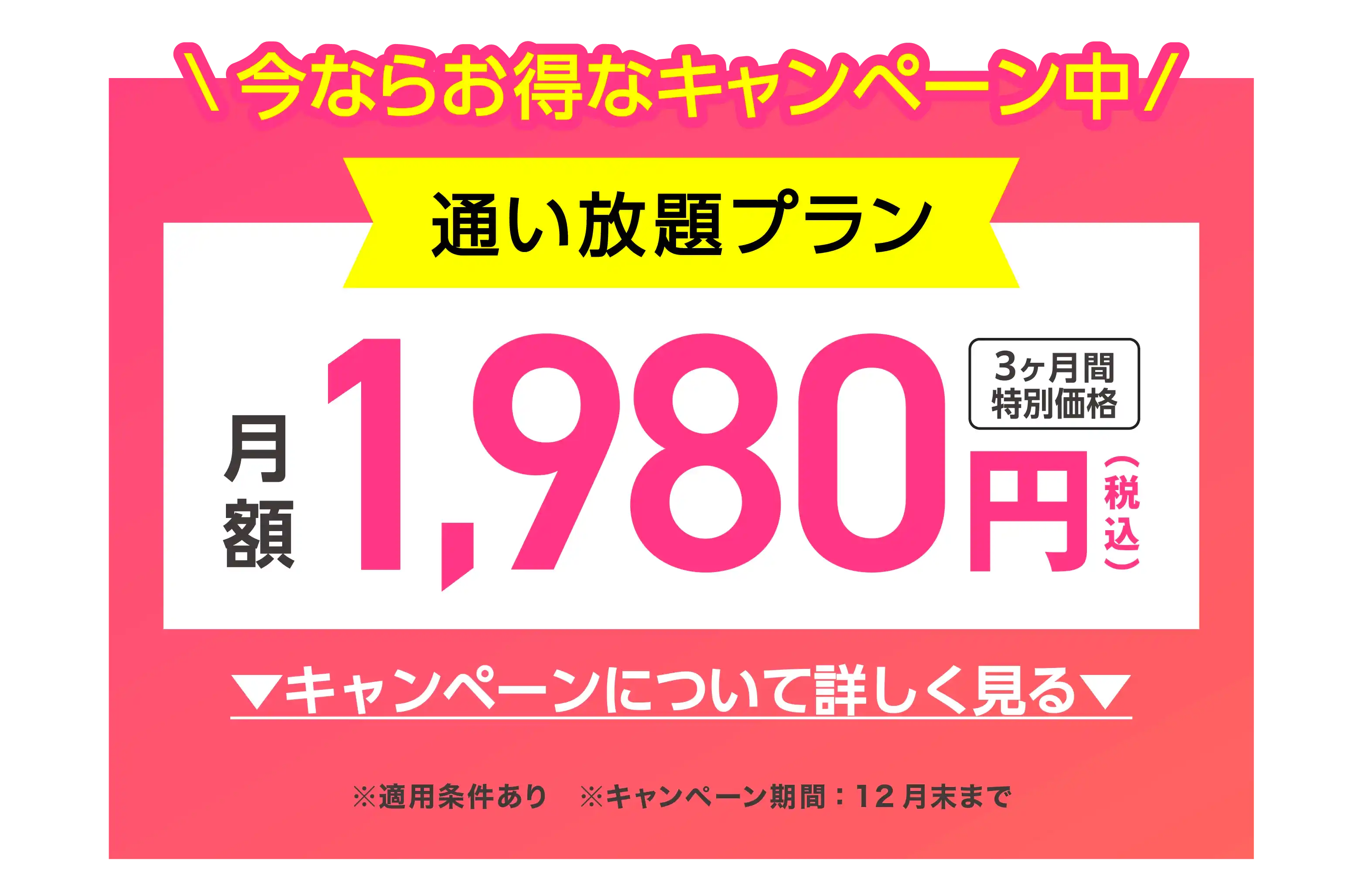今ならお得なキャンペーン中 月額1,980円(税込) 3ヶ月間特別価格 ※キャンペーン期間：12月末まで