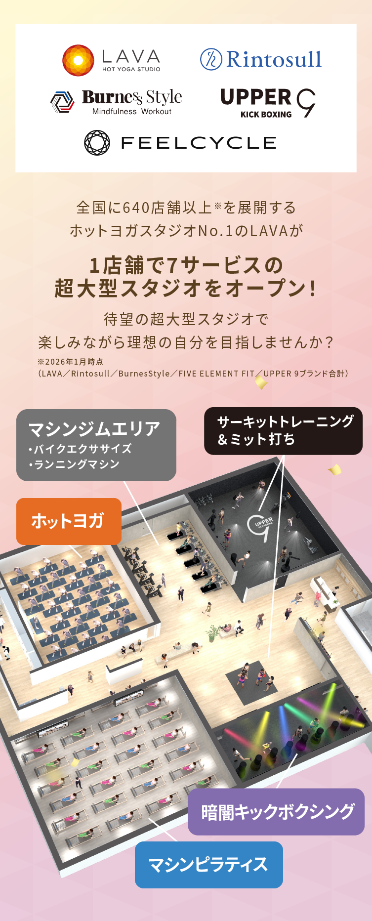全国に640店舗以上※を展開するホットヨガスタジオNo.1のLAVAが 4ブランド6スタジオの超大型スタジオをオープン！ 待望の超大型スタジオで楽しみながら理想の自分を目指しませんか? ※2026年1月時点（LAVA／Rintosull／BurnesStyle／FIVE ELEMENT FIT／UPPER 9ブランド合計） 