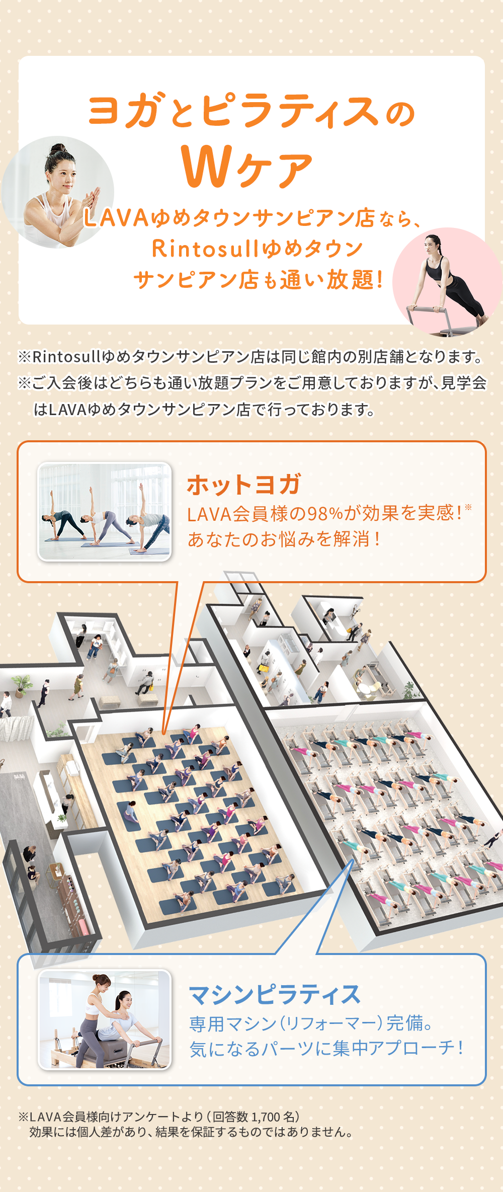 LAVAゆめタウンサンピアン店のスタジオ全体図。ホットヨガとマシンピラティスを同時に利用できるWケア施設