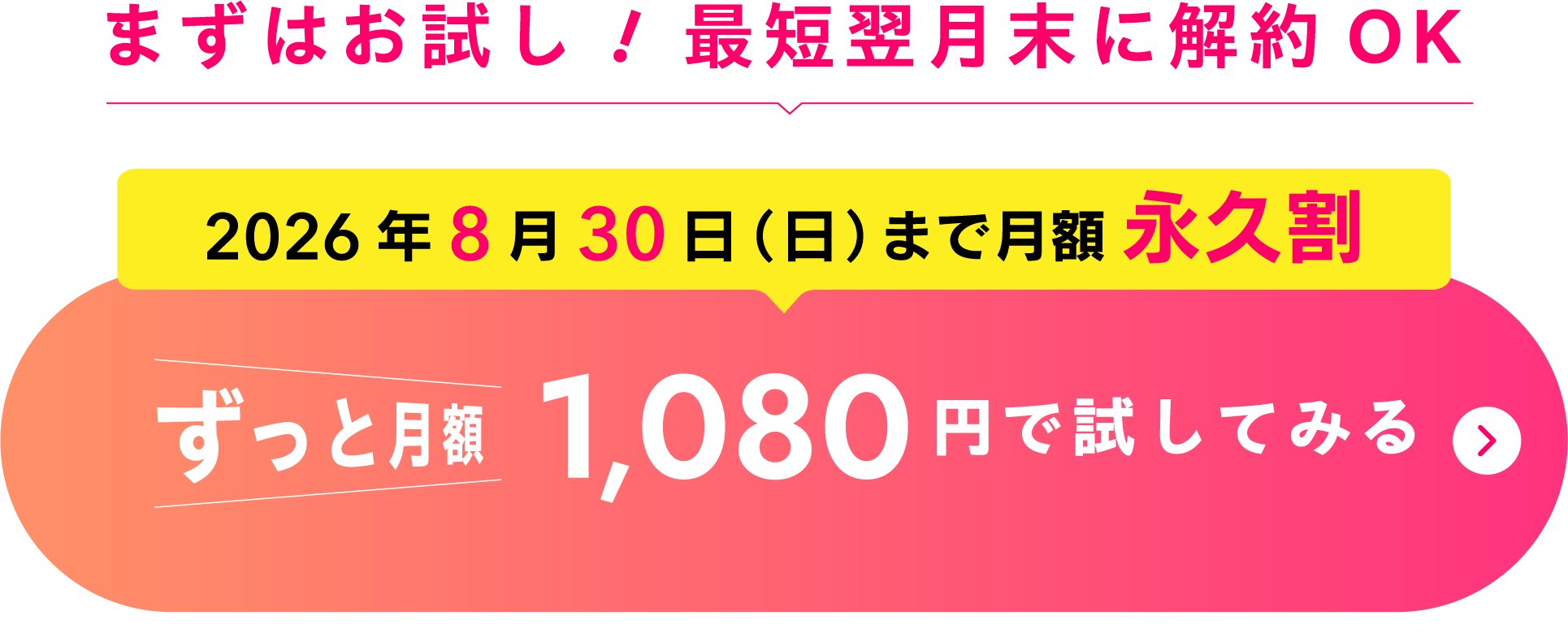 ますはお試し　最短翌月末から解約OK！月額1,080円で試してみる