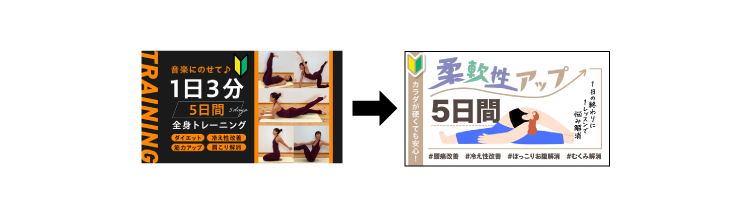 2本受ける時はこの順番がオススメ！ 音楽にのせて♪ 1日3分 5日間 全身トレーニング → 柔軟性アップ 5日間 カラダが硬くても安心！ 1日の終わりに1レッスンで悩み解消