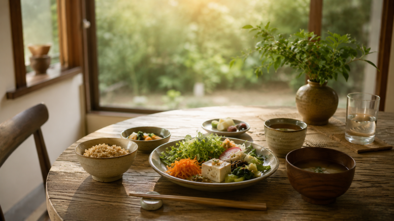 木製テーブルに並ぶシンプルな朝食と温かいお茶。ヨガ旅(リトリート)で提供される朝食の様子。