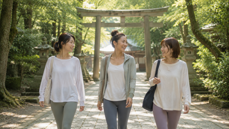 神社の参道を歩きながら会話を楽しむ女性3人。ヨガ旅(リトリート)の自由時間に神社を訪れる様子。