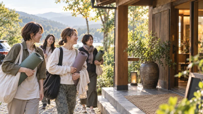 ヨガマットを持って自然に囲まれたリトリート施設へ到着するヨガ旅の女性参加者