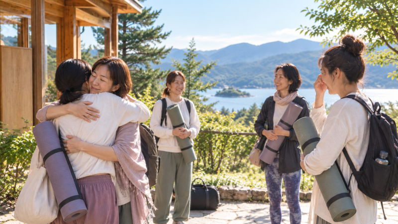 ヨガ旅リトリート最終日に別れを惜しみながら抱き合う女性参加者たち