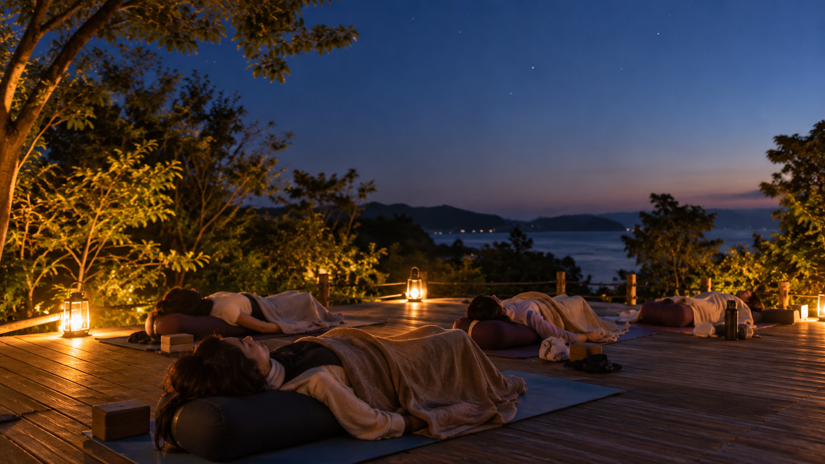 ヨガ旅（リトリート）の夜に屋外デッキでゆったりとヨガをする参加者たち